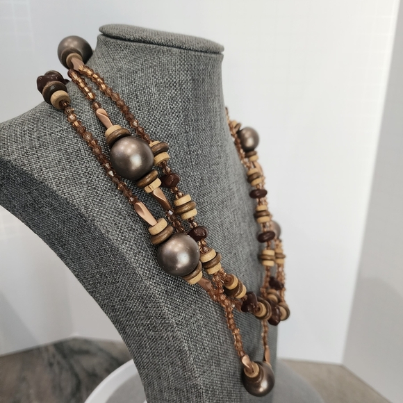 Layered Earth Tone Beaded Infinity Necklace – Wood & Bronze Accents - Picture 5 of 6